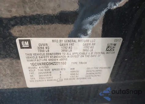 2017 Chevrolet Silverado 1500 2Lt z USA, uszkodzony, nr VIN 1GCVKREC6HZ271160